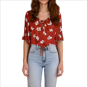 Bohemian Floral flowy top ruffle detailing size Small red white pink